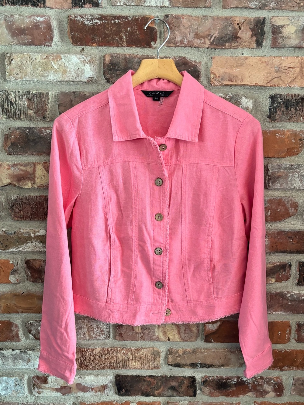 Charlie B Pink Linen Blend Lightweight Button Up Jacket, Small Petite